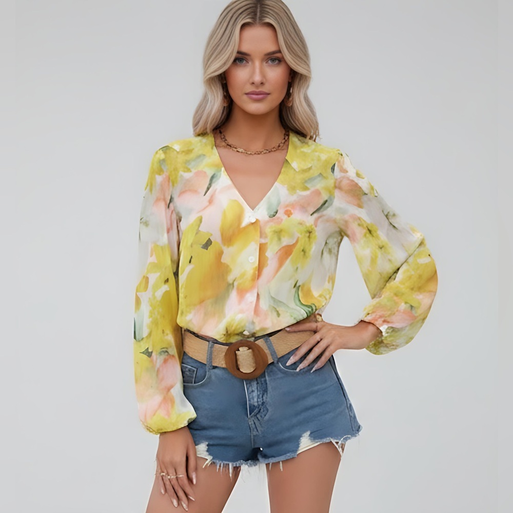 Gold Shimmer Floral Chiffon Blouse